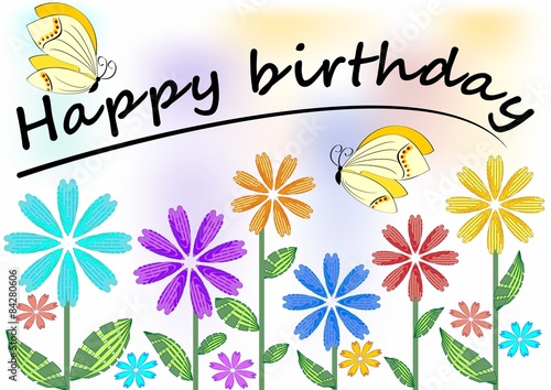 Happy birthday poster with colorful flowers and butterflies, soft pastel colors