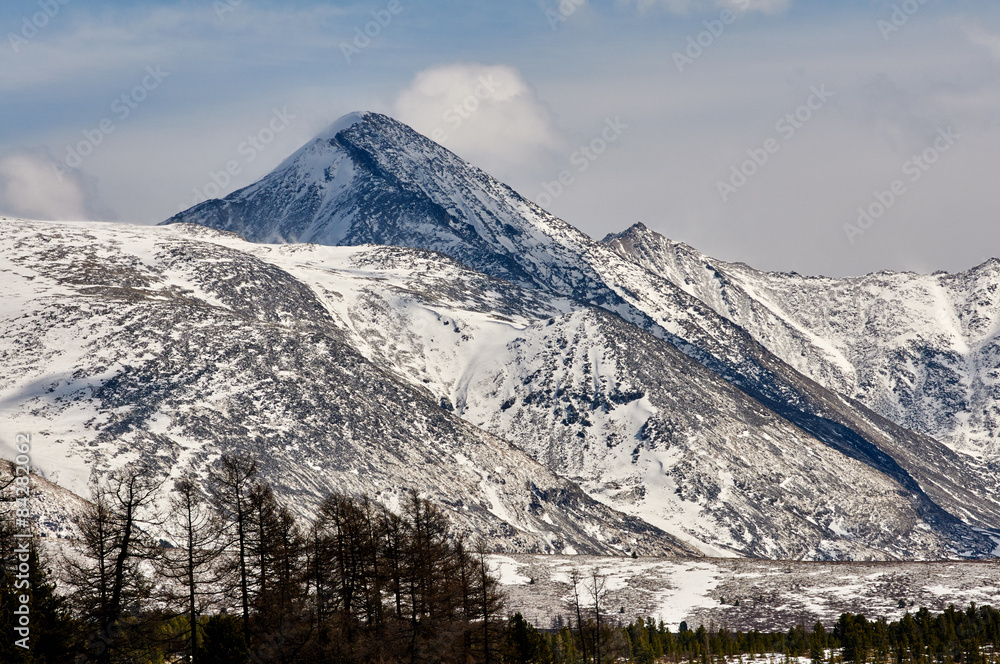 Mountains covered with snow in Altai in spring