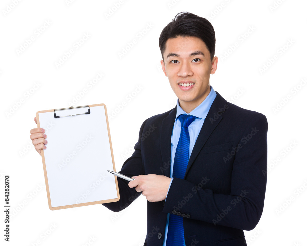 Businessman pen point to clipboard Businessman pen point to clipboard