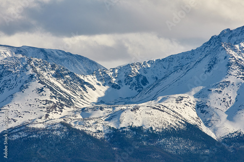 Mountains covered with snow in Altai in spring