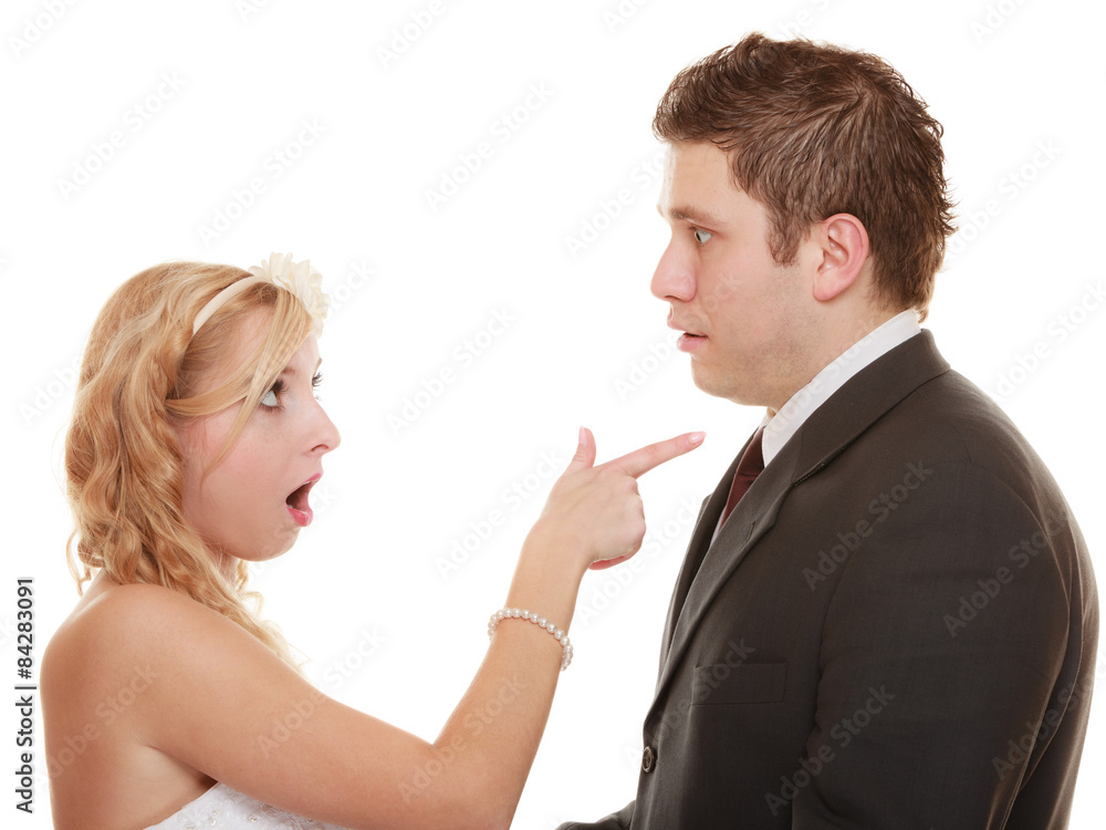 Wedding couple having argument conflict, bad relationships Wedding couple having argument conflict, bad relationships