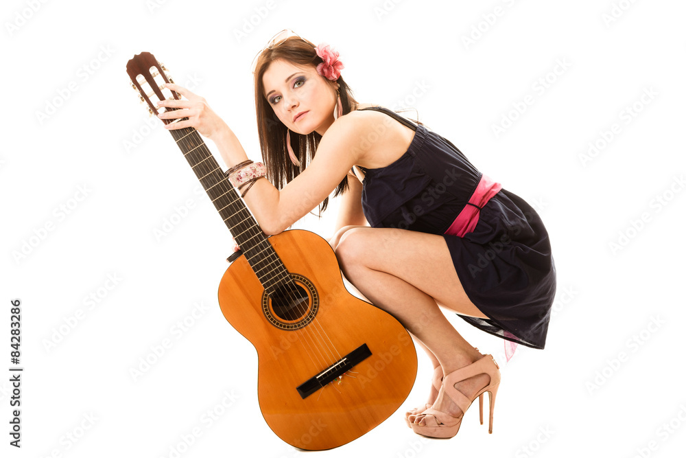 Obraz premium Music lover, summer girl with guitar isolated