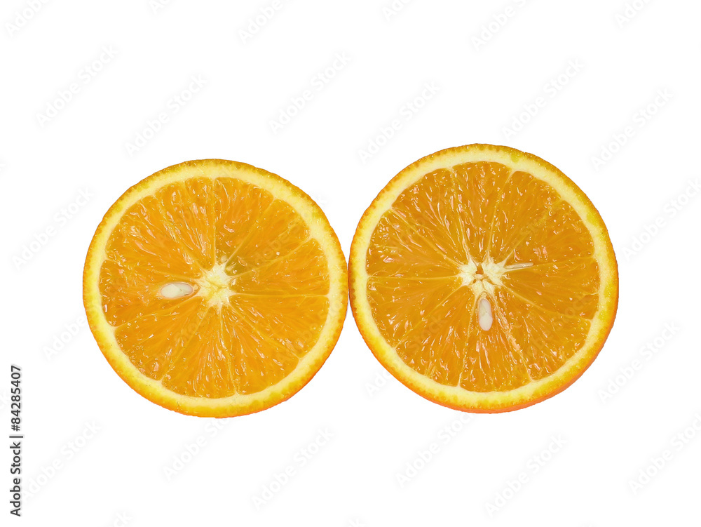 Two orange fruit segments or cantles isolated on white backgroun Two orange fruit segments or cantles isolated on white backgroun