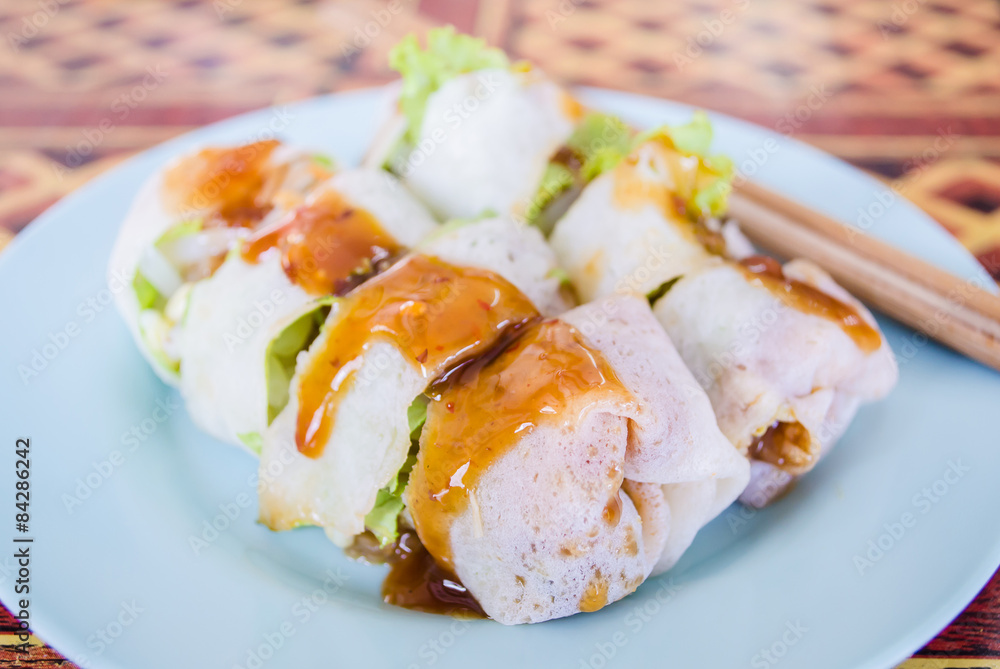 Thai spring roll with spicy sauce, vegetables Thai spring roll with spicy sauce, vegetables