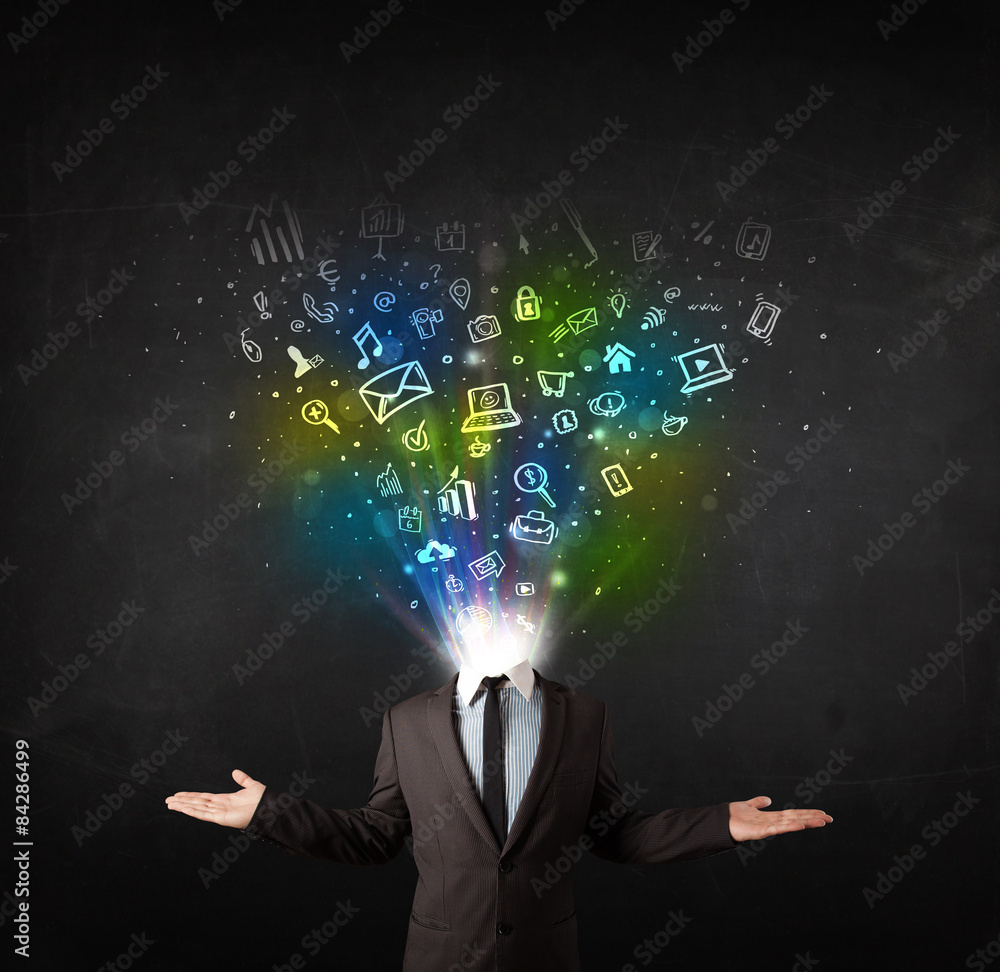 Business man with glowing media icons exploding head Business man with glowing media icons exploding head