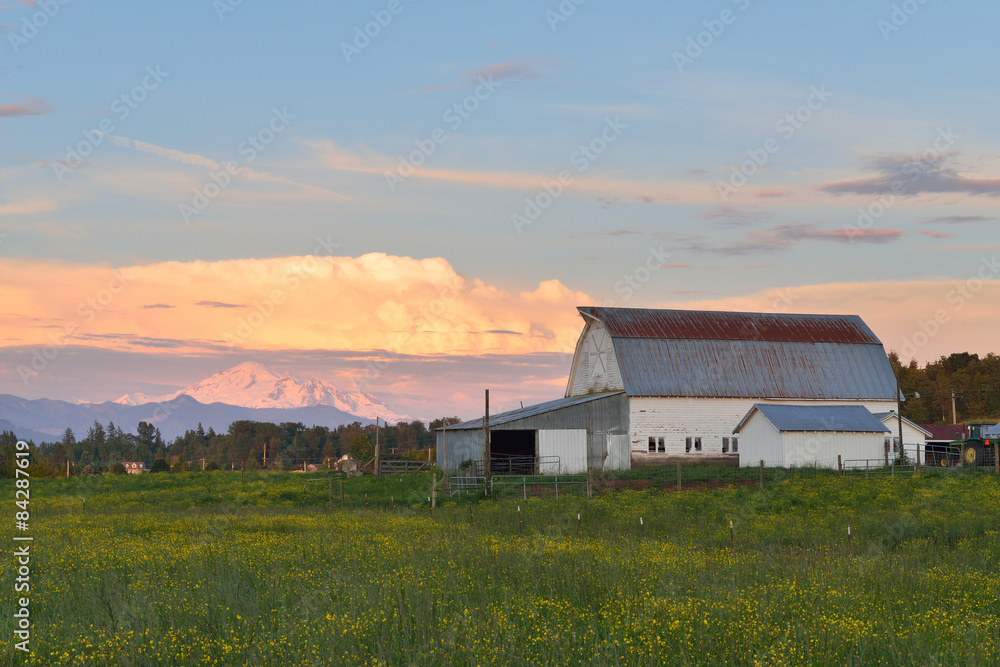 Farmhouse and Mount Baker at sunset Farmhouse and Mount Baker at sunset