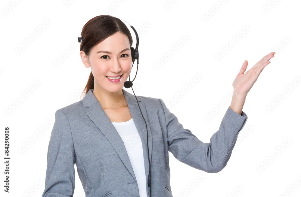 Customer services with headset and open hand palm Customer services with headset and open hand palm