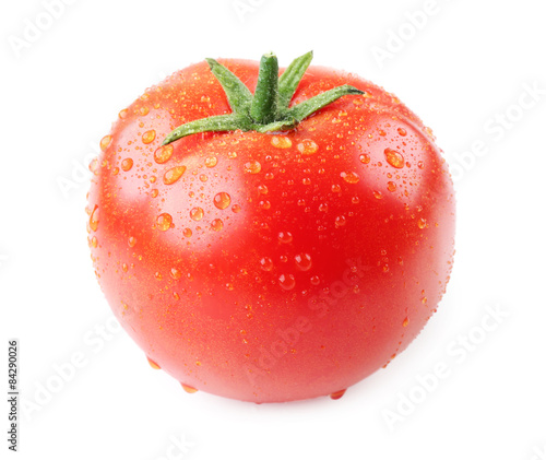 Fresh tomato with droplets isolated on white