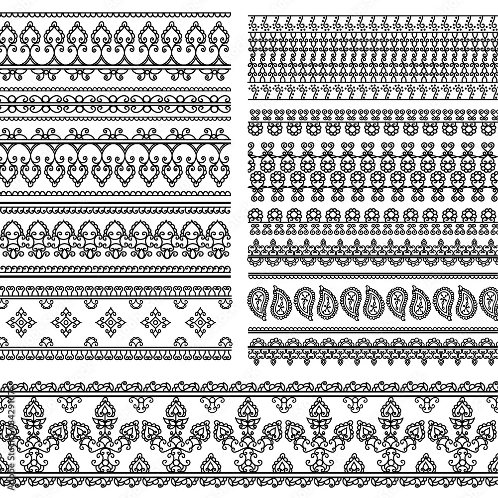 Es Hecho de Universidad Indian Henna Border decoration elements patterns in black and white colors.  Popular ethnic border in one mega pack set collections. Vector  illustrations.Could be used as divider, frame, etc vector de Stock 