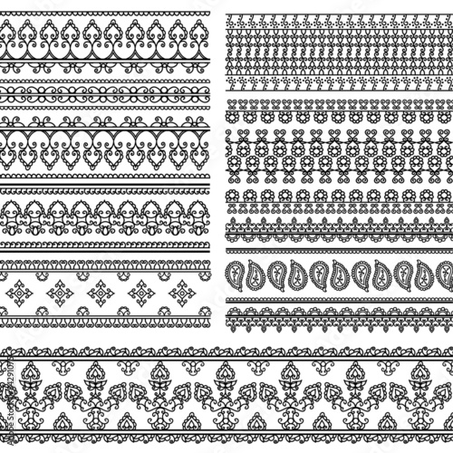 Indian Henna Border decoration elements patterns in black and white colors. Popular ethnic border in one mega pack set collections. Vector illustrations.Could be used as divider, frame, etc