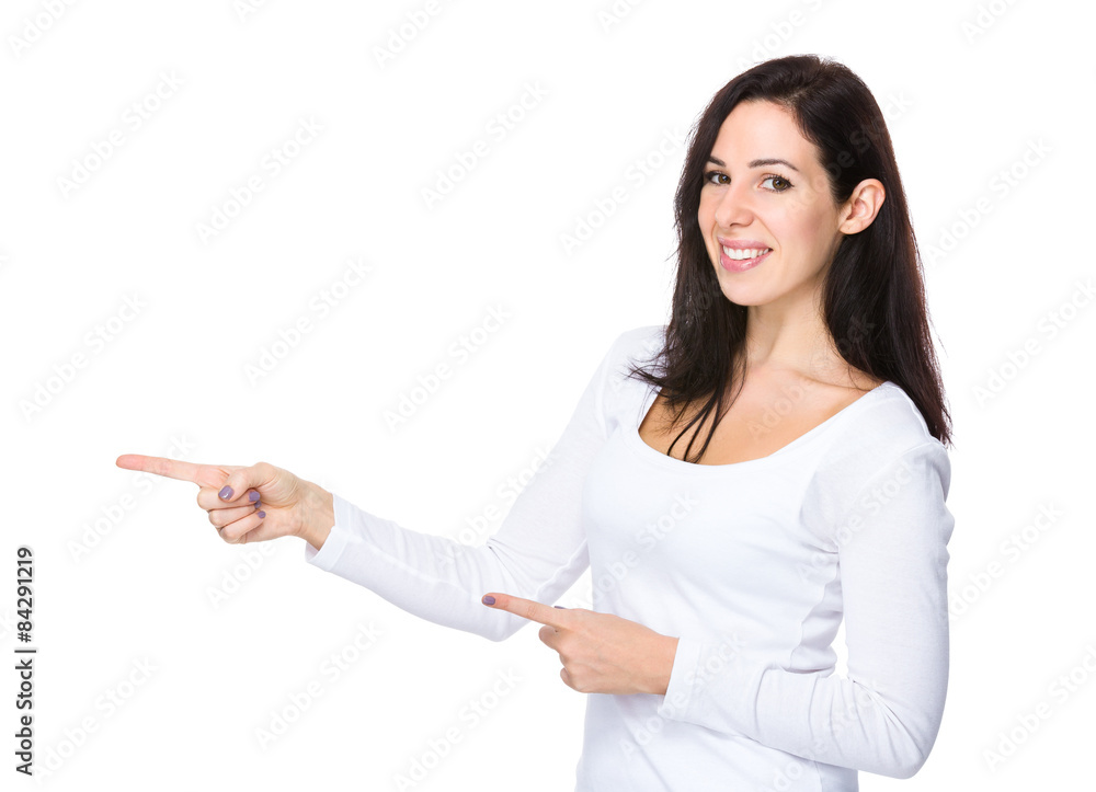 Young woman with finger point to aside Young woman with finger point to aside