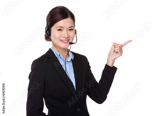 Customer service representative with finger point up