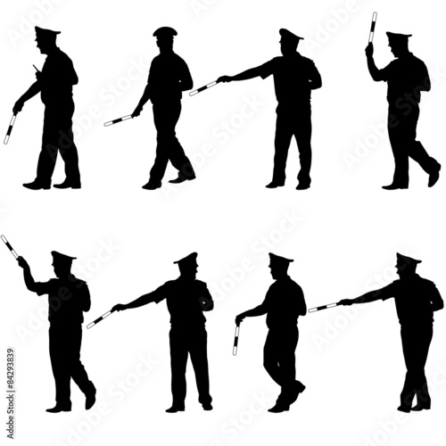 Set black silhouettes  Police officer  with a rod on white backg