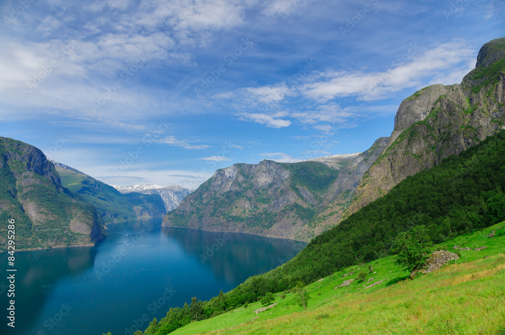 Summer blue sky Aurlandsfjord, part of Sognefjord, Norway