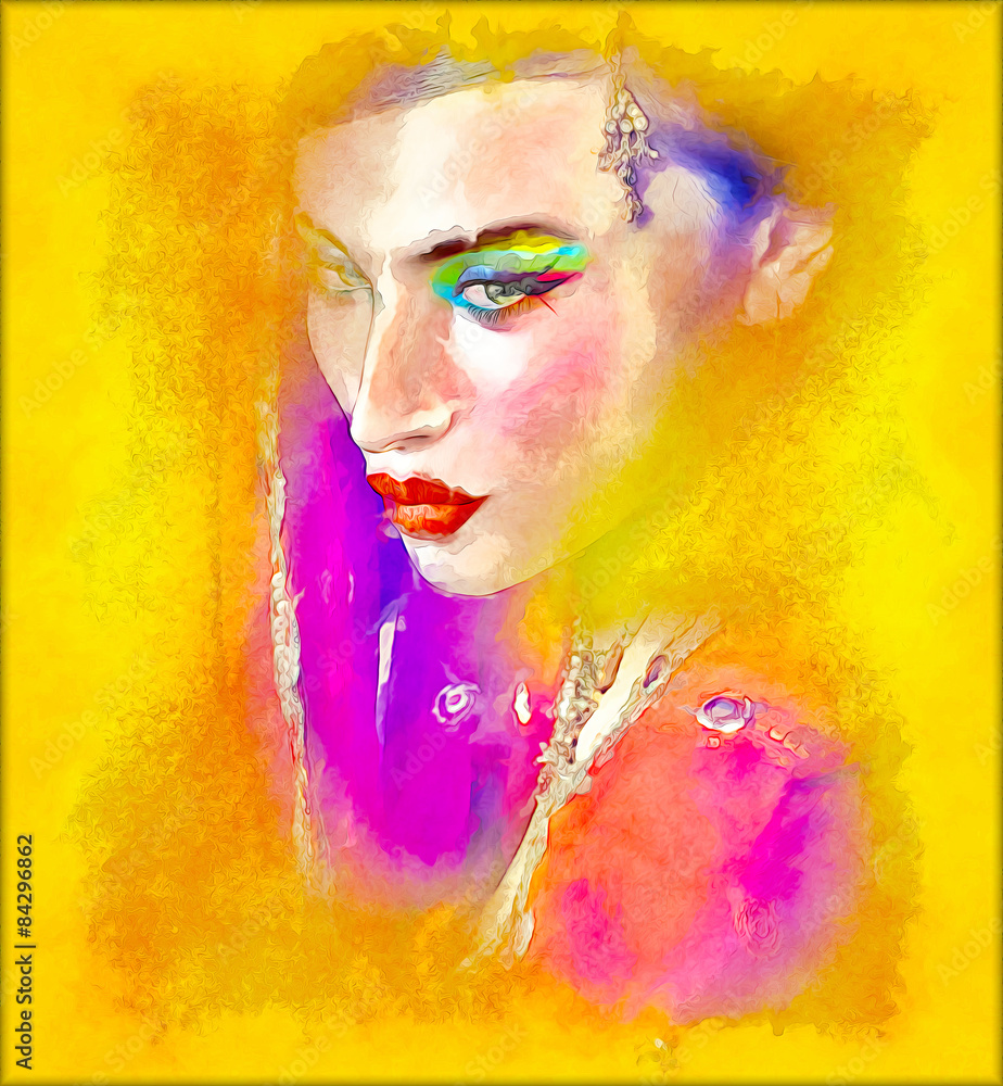 Obraz Abstrakcyjna sztuka cyfrowa indyjskiej lub azjatyckiej twarzy kobiety, z bliska z kolorowym welonem.