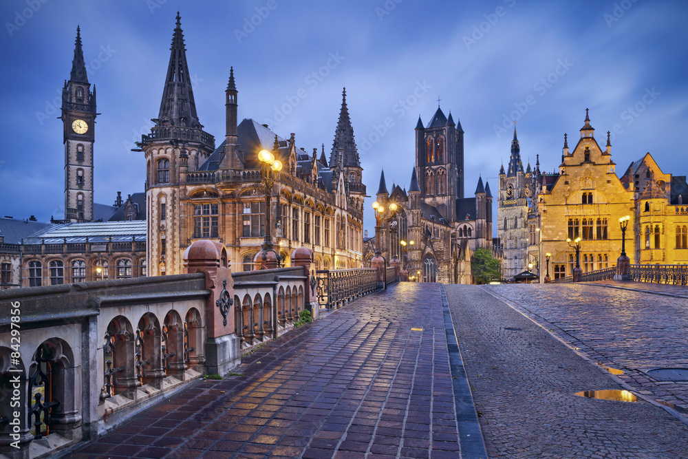 Ghent. Image of Ghent, Belgium during rainy twilight blue hour.