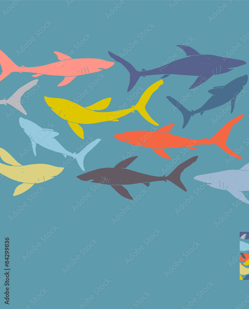 Obraz premium Template poster design with hand-drawn sharks silhouettes.