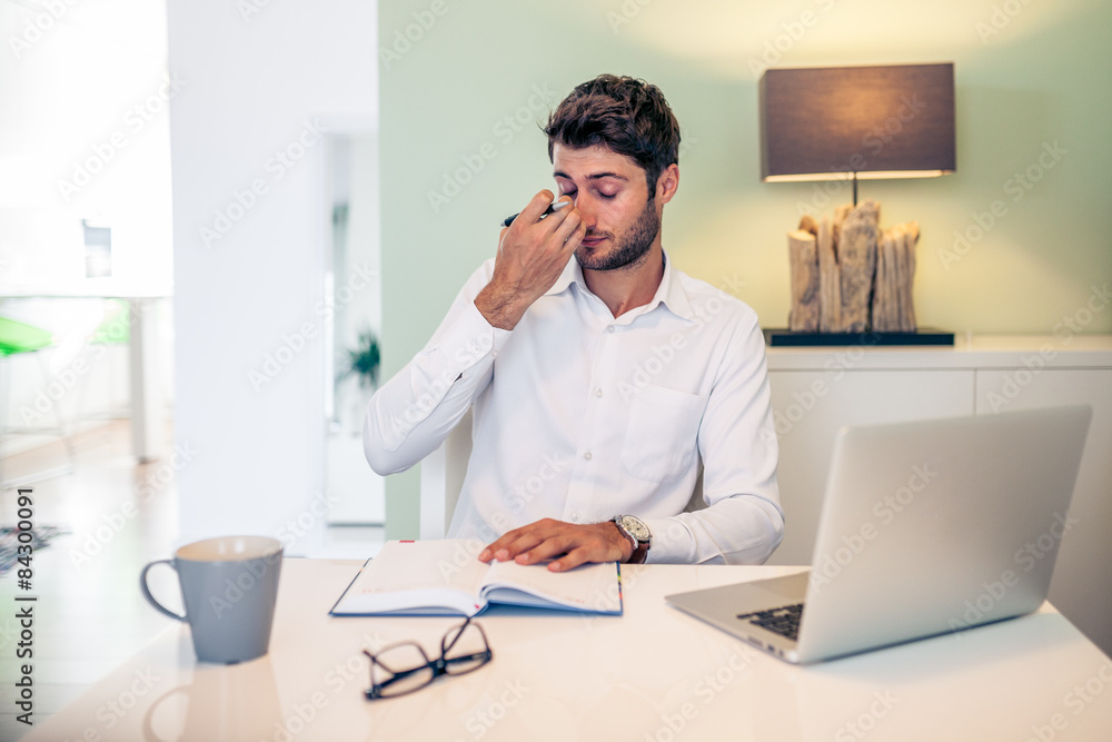 Handsome young smiling businessman working from home with a lapt Handsome young smiling businessman working from home with a lapt