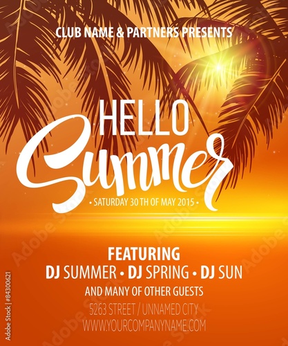 Hello Summer Beach Party Flyer. Vector Design