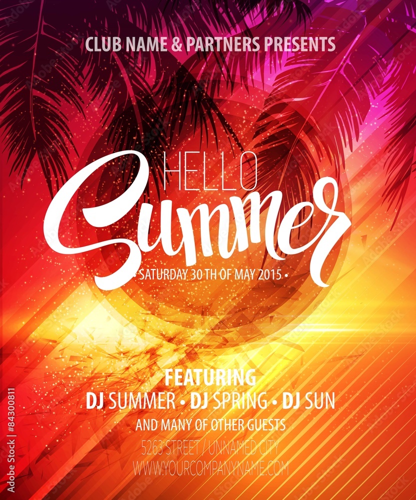 Hello Summer Beach Party Flyer. Vector Design - obrazy, fototapety, plakaty 