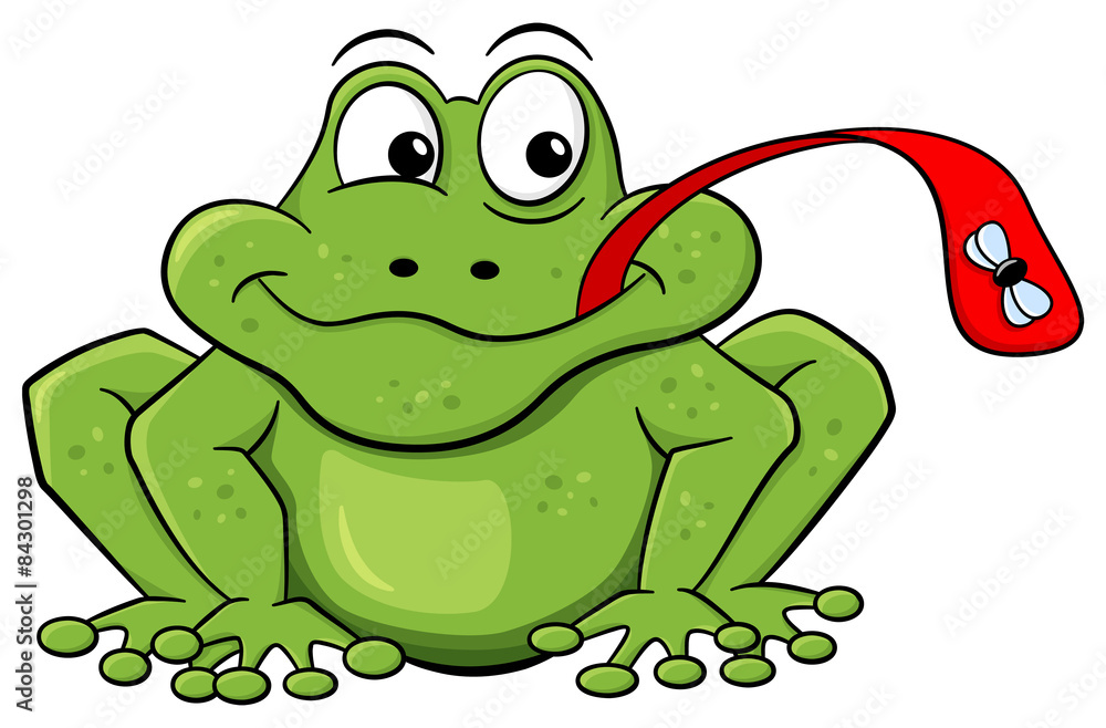 Fototapeta premium Frosch fängt eine Fliege mit der Zunge 