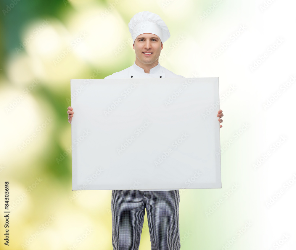 happy male chef cook holding white blank big board happy male chef cook holding white blank big board