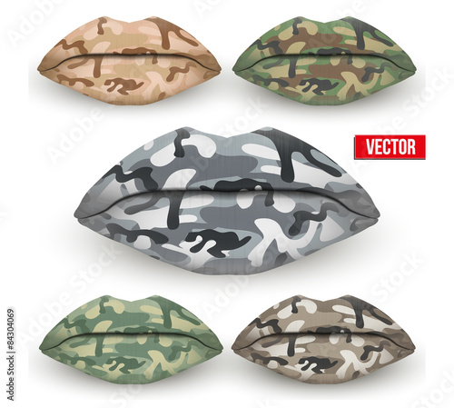 Set of Beautiful lips with Camo texture. Vector Illustration.