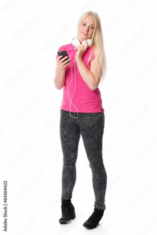 Junge Blondine mit Kopfhörer und Handy Junge Blondine mit Kopfhörer und Handy