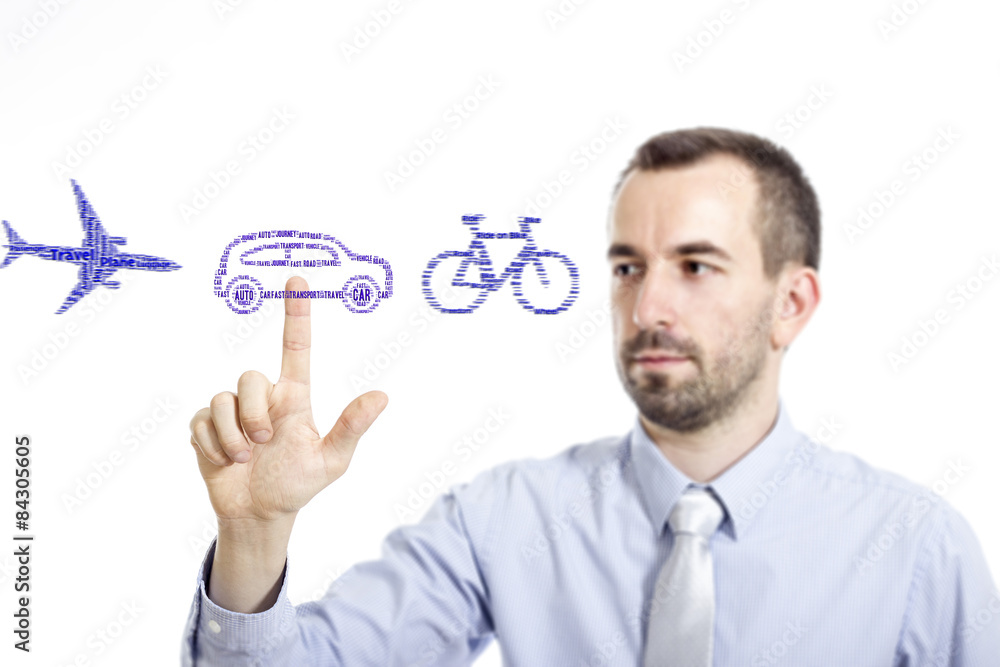 Young buinessman select transport mode word cloud Young buinessman select transport mode word cloud