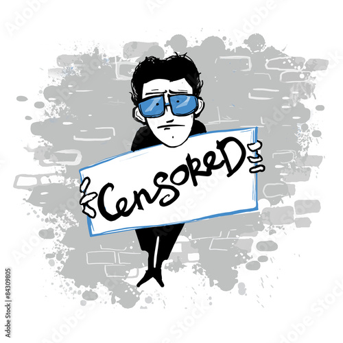  Cartoon man holding a placard.
Vector illustration.