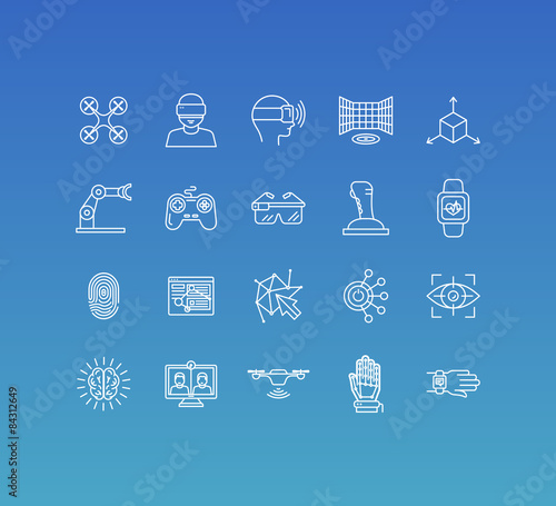 Vector set of 20 icons and sign in mono line style