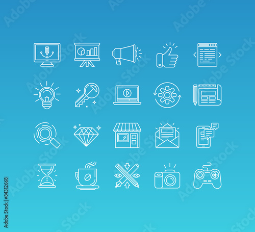 Vector set of 20 icons and sign in mono line style