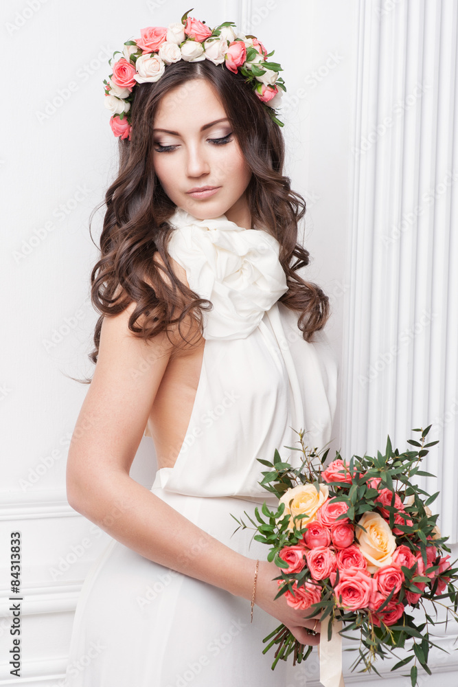 Portrait of beautiful bride. Wedding dress. Wedding decoration