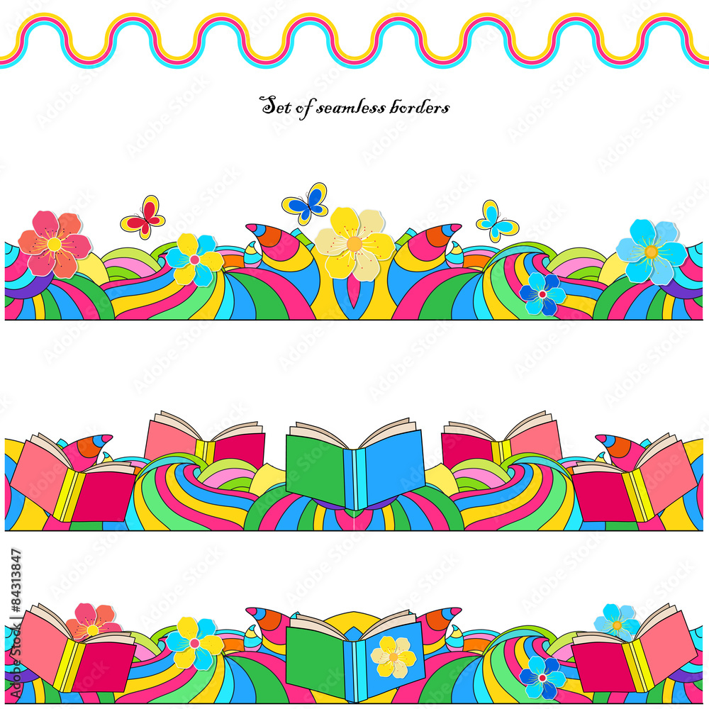 Set of seamless borders with flowers, books and colored waves