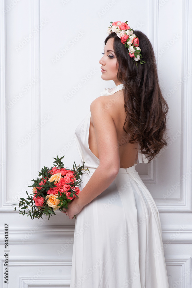 Portrait of beautiful bride. Wedding dress. Wedding decoration