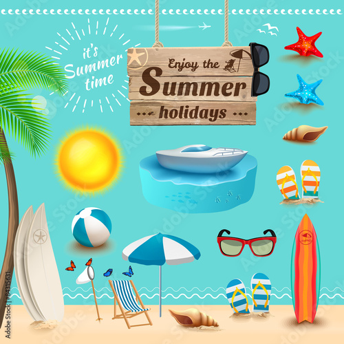 Set of realistic summer icons. Vector illustration