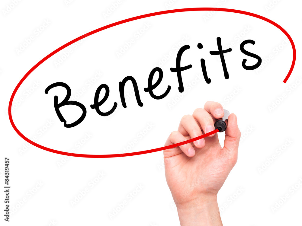 Man Hand writing Benefits with marker on transparent wipe board Man Hand writing Benefits with marker on transparent wipe board