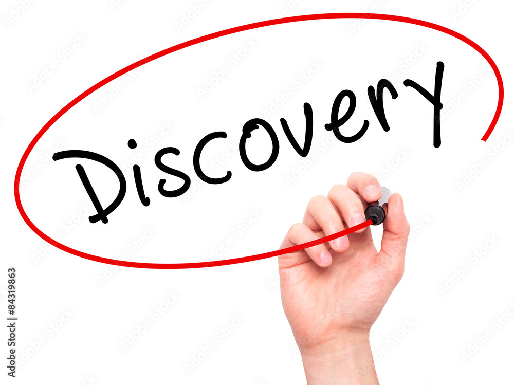 Man Hand writing Discovery with marker on transparent wipe board Man Hand writing Discovery with marker on transparent wipe board