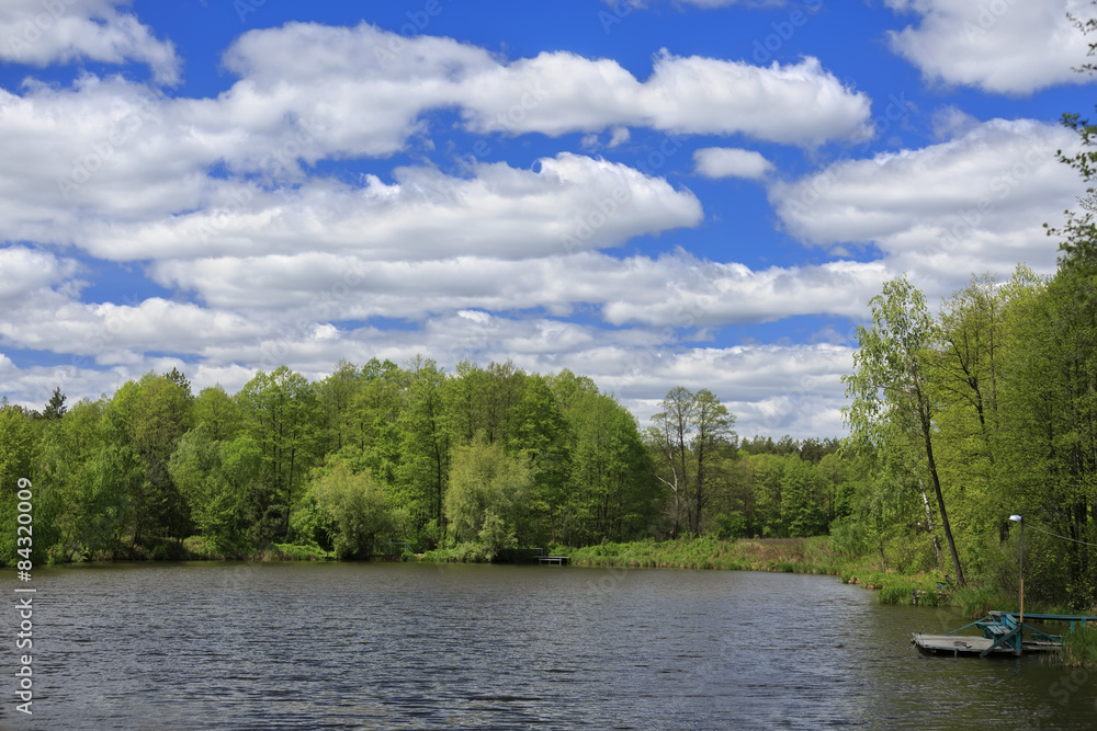 Obraz premium Blue sky with clouds, lake and forest