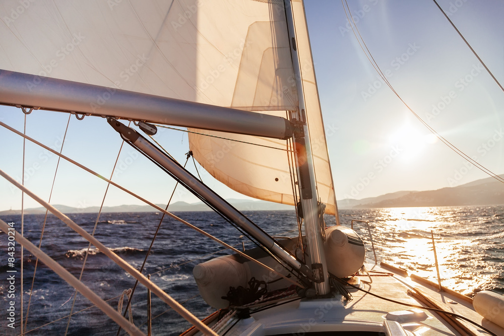 Fototapeta premium Sailing boat wide angle view in the sea