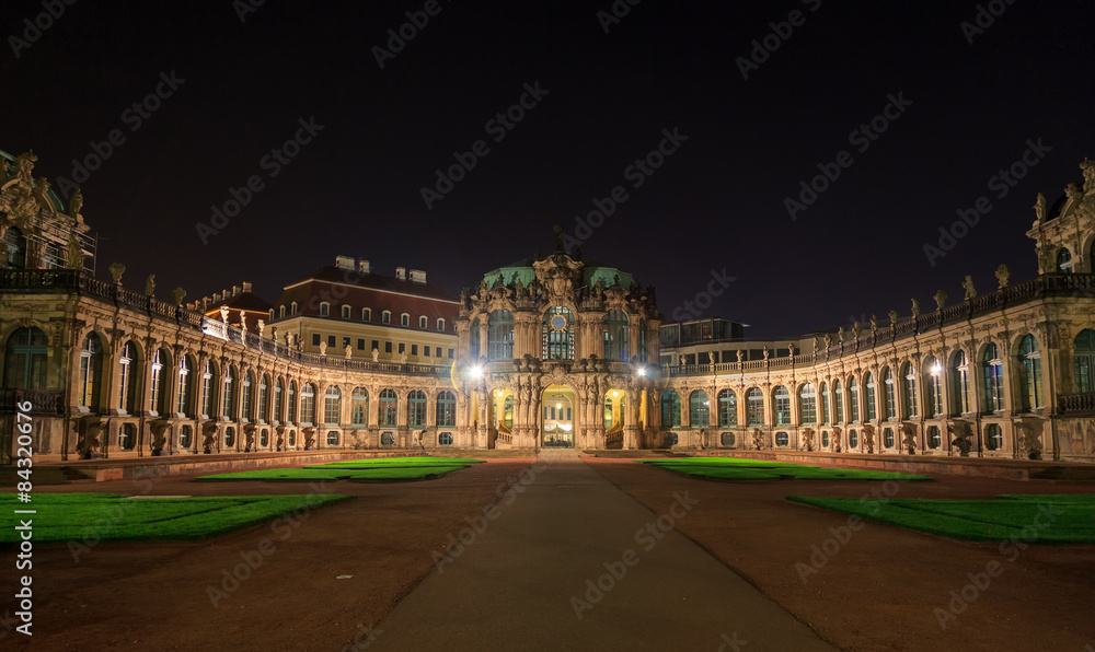 Dresden Zwinger palace panorama with illumination at night