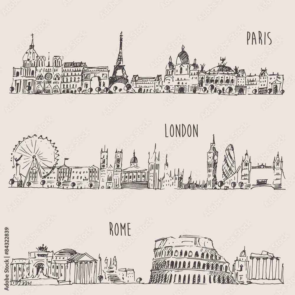 City Set London, Paris, Rome Engraved Illustration