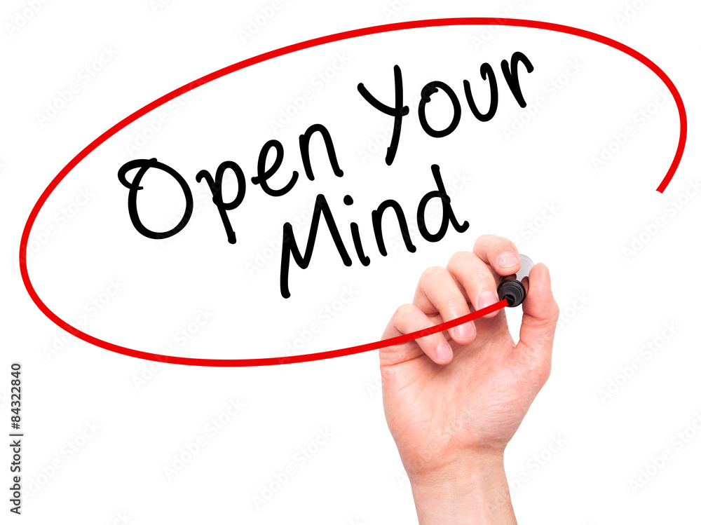 Man hand writing Open Your Mind with marker on transparent Man hand writing Open Your Mind with marker on transparent