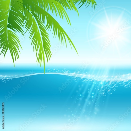 Fototapeta Naklejka Na Ścianę i Meble -  Summer holidays vector background  with palm leaves and sea