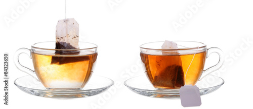 Glass of Tea with Bag End. Isolated on white background, with cl
