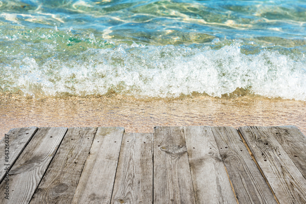 Blue water with empty wooden platform Blue water with empty wooden platform