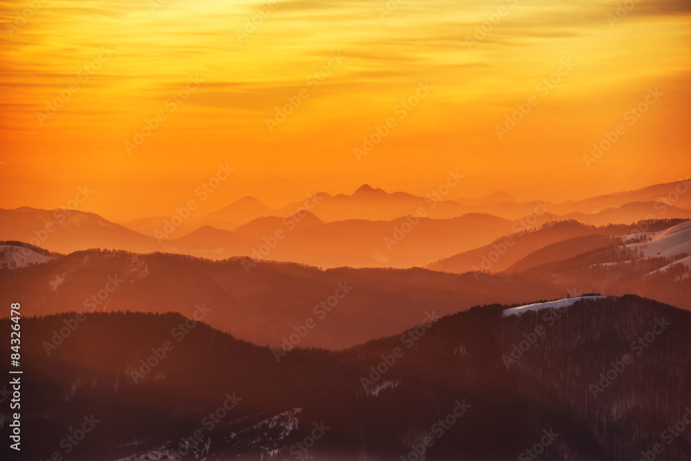 Sunset in winter mountains
