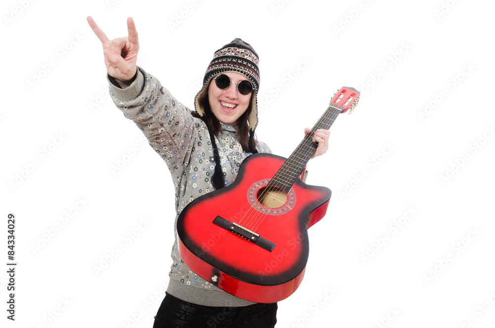Naklejka premium Young optimistic girl holding guitar isolated on white