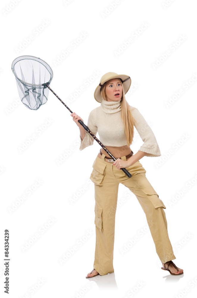Woman with catching net isolated on white Woman with catching net isolated on white