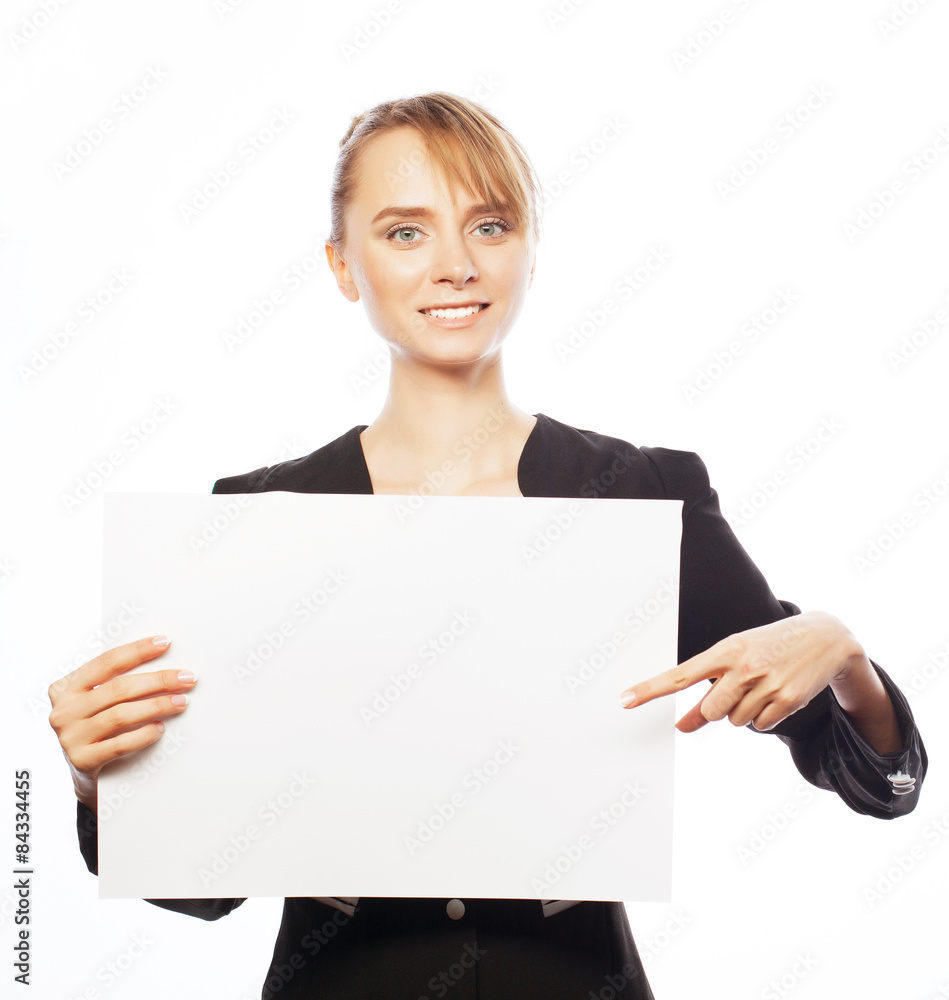 young business woman showing blank signboard young business woman showing blank signboard